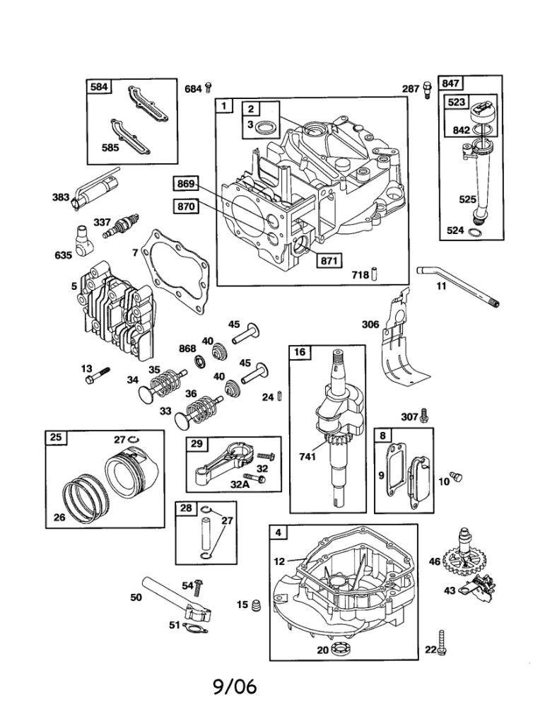 Cylinder/Crankshaft/Sump Diagram and Parts List for 126T02-0736-E1  Briggs and Stratton Engine